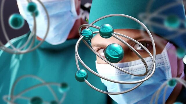 Female surgeon tracking atom models orbiting face after camera zoom, studying surgical planning