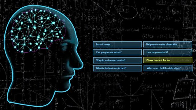 Glowing cyan head pulsing while menu highlight moving, causing node links and showing prompt flow