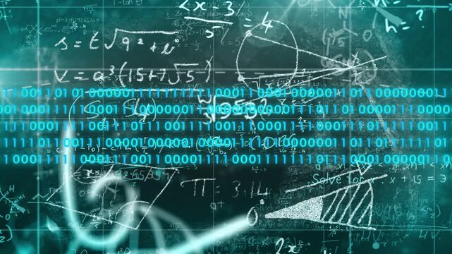Teal grid filling frame starting math board drawing glowing root and scrolling binary for computing