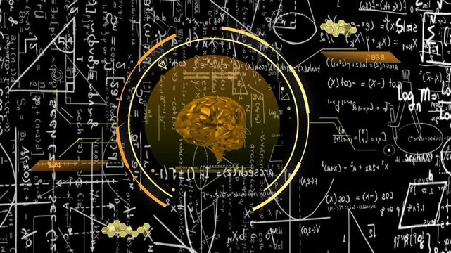 Loop starting golden 3D brain rotating in glowing rings while orange bars sliding, visualizing data