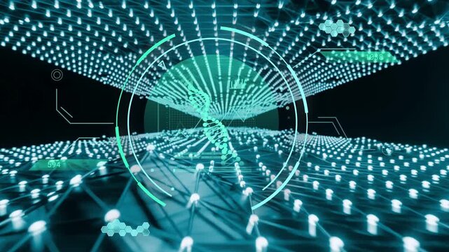 Blur lifting, central HUD rotating rings and revealing data, driving forward as scanning DNA helix