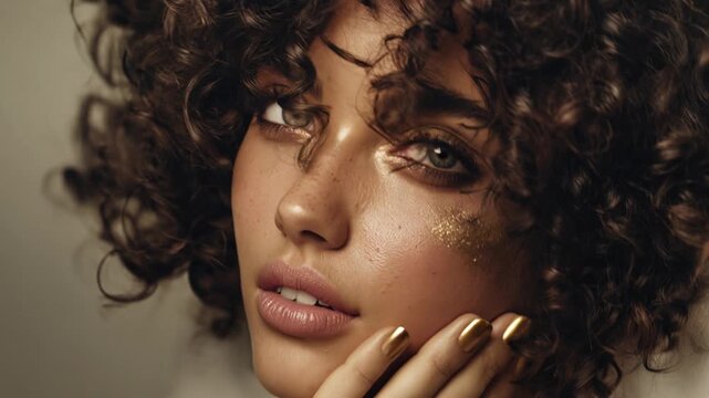 Closeup portrait of attractive woman with curly hair and glowing skin touching face in warm dramatic lighting Concept of natural beauty