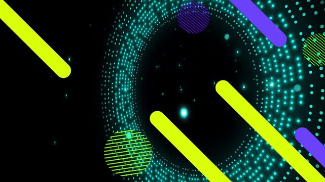 White hook sweeping left starting cyan dotted torus pulsing, diagonal bars sliding for designers