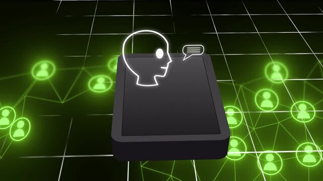Dark device showing head appearing, speech bubble filling, AI brain replacing and handling chat