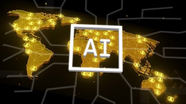 White line sliding forming frame, AI pulsing over gold map, circuits fanning into web showing links