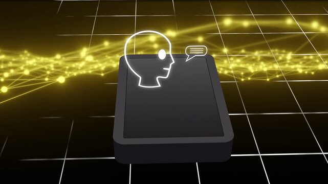 Dark gray device showing head rising on input, expanding bubble, becoming AI brain showing data