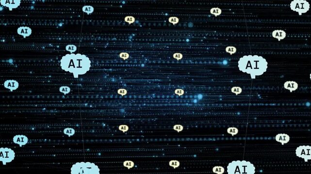 Opening frame revealing dotted data lines, cloud and circular AI icons drifting to show data flow
