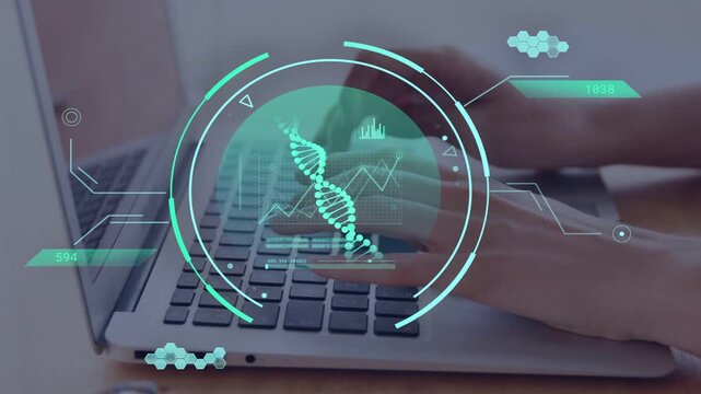 Mid-adult woman resting then typing on laptop, HUD appearing and animating DNA helix for research
