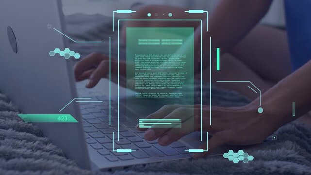 Woman placing hands, typing on laptop, HUD showing progress, updating document for tech editing