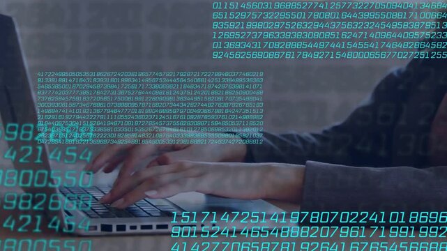 Office woman hovering over laptop typing and activating teal data overlay shifting for analytics