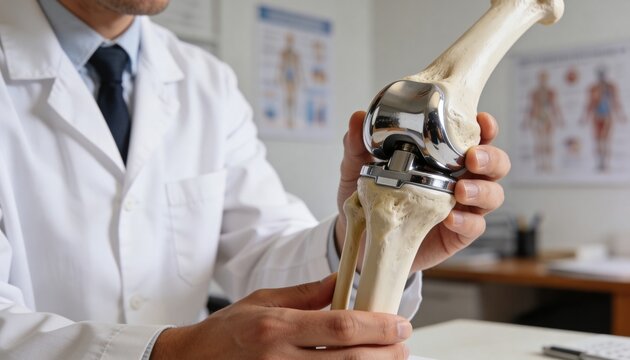 Orthopedist holding artificial knee joint model for patient consultation. Surgeon demonstrating prosthetic implant for arthrosis and arthritis treatment. Clinical bone replacement medical concept.