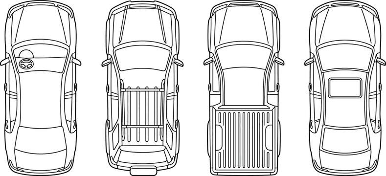 Top view of various car types including sedan, suv, pickup truck and hatchback isolated on white background