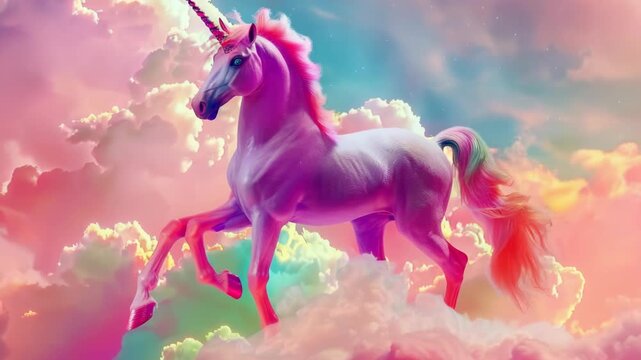 Unicorn galloping through a vibrant and fantastical cloud sky.