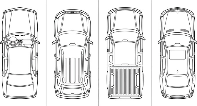Top view of different types of cars, sedan, suv, pickup truck and luxury car line art illustration