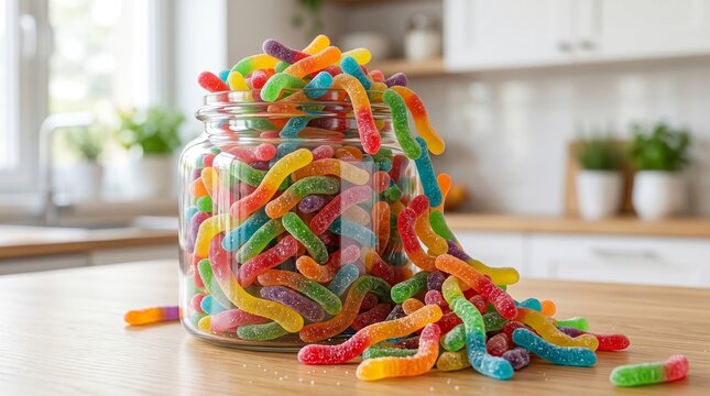 Gummi Worm Candy Jar Overflowing with Colorful Sweets Ultra Realistic