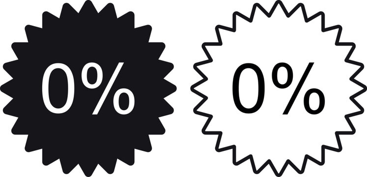 Zero percent icon set in two styles . Zero percent starburst icon for advertising and promotions . Vector illustration