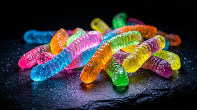Neon Gummi Worm Candy in Dark Background Macro Photography Ultra Realistic