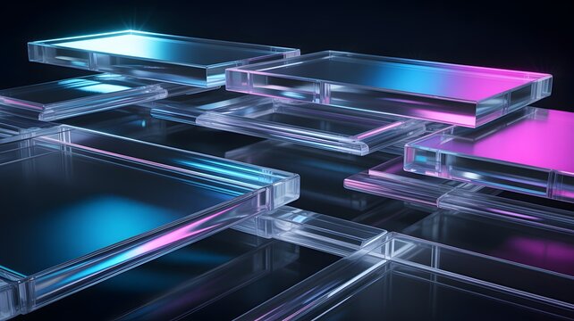 Stacked rectangular glass plates with neon blue and pink illumination a 3d rendering