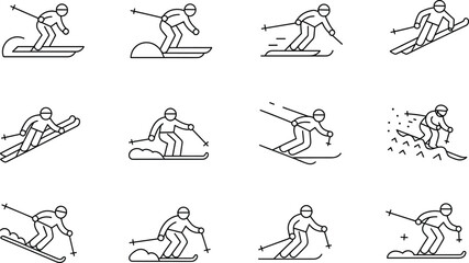 Obraz premium Set of Linear Vector Icons Depicting Various Skiing Poses, Winter Sports, and Mountain Activities