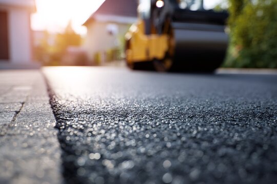 A close-up of new asphalt texture on a freshly paved road. A road roller works on a street in the background during construction