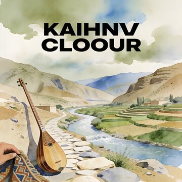 Watercolor Afghan valley landscape with traditional rabab cultural symbolism