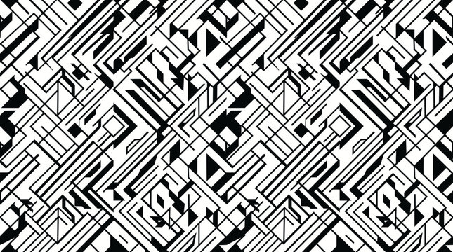 Abstract Geometric Seamless Pattern with Black Linear Maze Design Vector Background