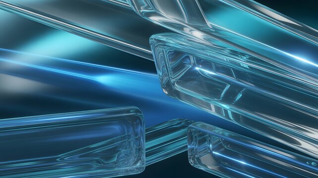 Abstract arrangement of translucent rectangular prisms with blue light reflections 3d rendering bright