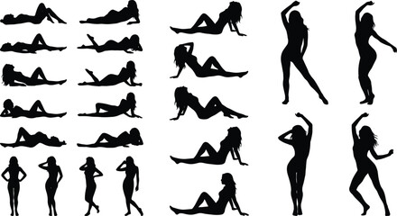 Vector silhouettes of attractive women in swimwear posing, dancing, and lying down isolated on a white background © Shariful