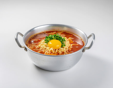 음식-라면-인스턴트 라면-한국 라면-매운 라면-국물 라면-냄비-양은 냄비-양은 냄비 라면-파 토핑-계란 노른자-밝은 회색 배경