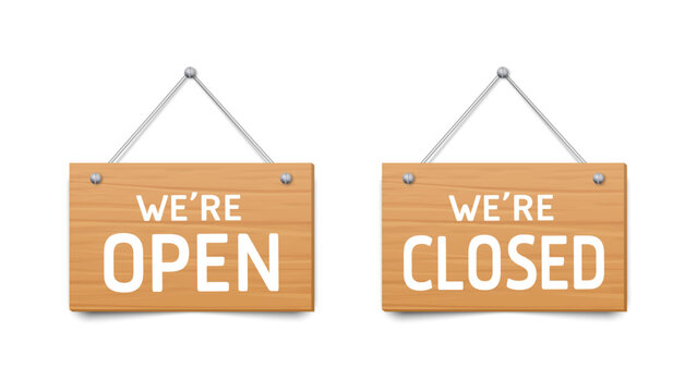 Realistic wooden signs with open and closed message for shop, cafe, restaurant, retail and business storefront