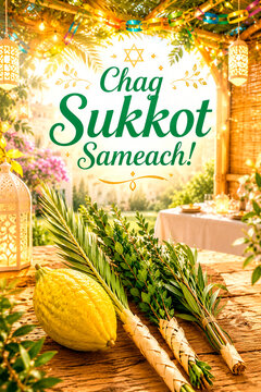 Chag Sukkot Sameach greeting card with traditional Four Species in festive sukkah, AI generated