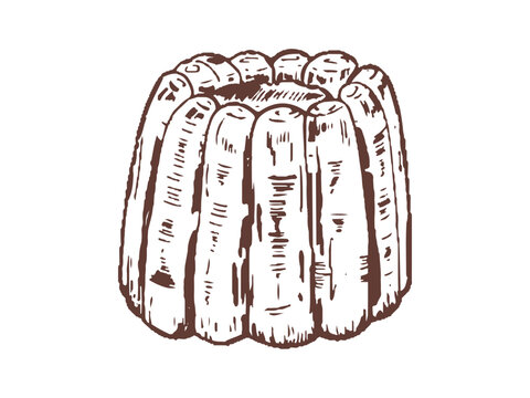 Hand-drawn canel&eacute; sketch icon, vector illustration. A single isolated traditional Bordeaux canel&eacute; pastry dessert in vintage engraving style on white background for bakery menu design