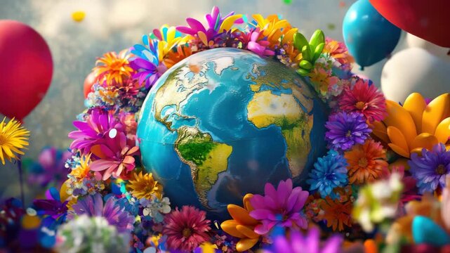 A vibrant celebration with a world globe at its center, adorned with balloons and flowers in various hues.