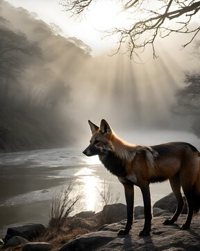 A maned wolf fictional species, digitally created animal, in a dream valley