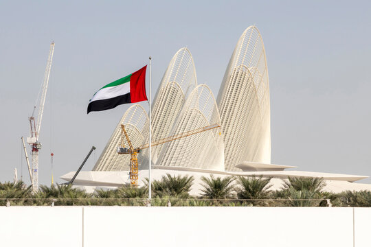 UAE flag in front of Zayed National Museum in Abu Dhabi, UAE