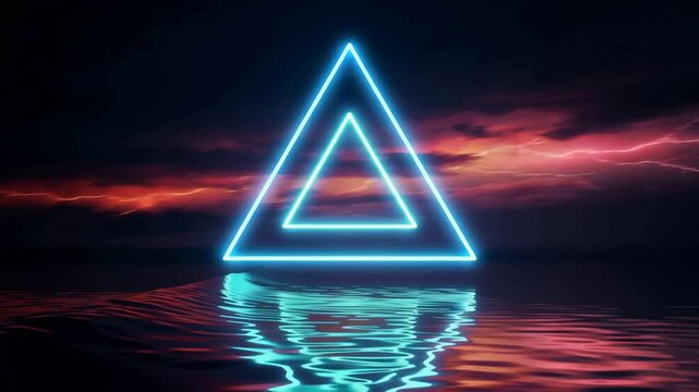Neon triangle symbol glowing against a dramatic sunset sky over calm water reflection 4k video