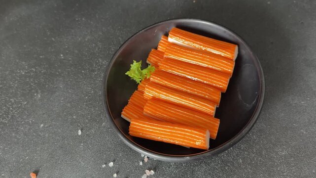 Crab sticks seafood lunch or dinner tasty snack fresh gourmet food background on the table rustic food top view copy space pescetarian diet