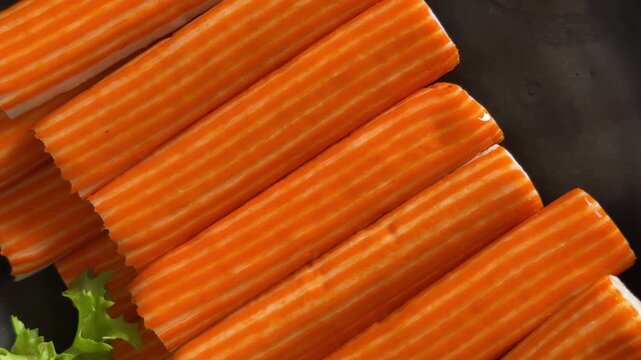 Crab sticks seafood lunch or dinner tasty snack fresh gourmet food background on the table rustic food top view copy space pescetarian diet