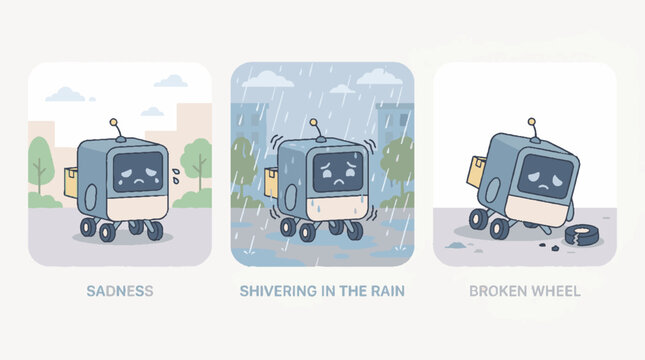 Set of three vector illustrations depicting a sad delivery robot crying, shivering in the rain, and with a broken wheel in an urban setting.