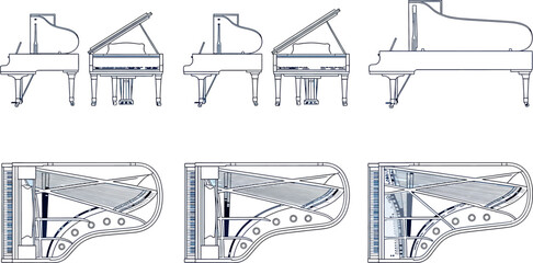 Set of grand piano vector illustrations in different sizes and perspectives © SampaRani