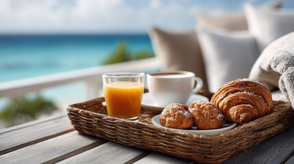 Fototapeta premium Wicker breakfast tray with freshly baked croissant, muffins, orange juice, and coffee on a wooden balcony table enjoying a tropical ocean view
