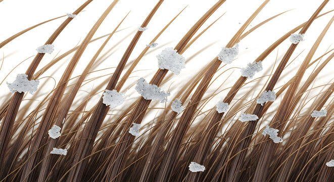 Close-up of snowflakes on brown grass in winter, natural scene, frosty landscape, cold weather, icy texture, chilly atmosphere, winter wonderland