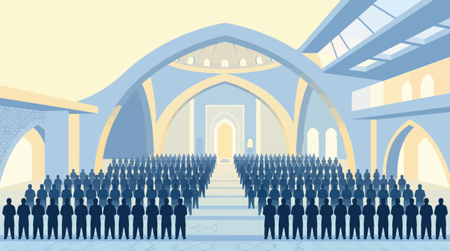 Muslim congregation performing congregational prayer in straight rows inside a modern mosque interior, minimalist vector illustration