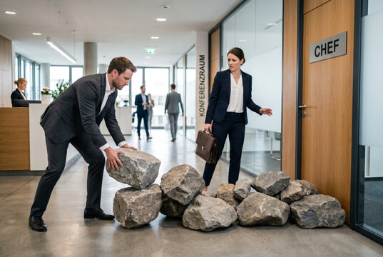 Konzeptbild zur Redewendung &bdquo;jemandem Steine in den Weg legen&ldquo;, bei dem wortw&ouml;rtlich Hindernisse auf einen Weg gelegt werden und somit den Erfolg zu bremsen