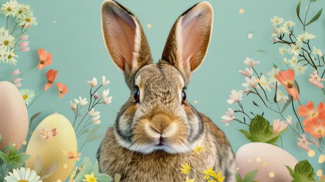 A cute rabbit surrounded by colorful eggs and flowers. Perfect for Easter celebrations.