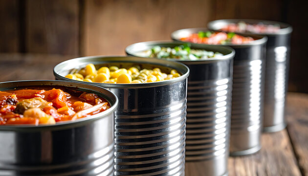 Row of opened tin cans filled with various food items like chili, corn, and peas, set against a rustic wooden background, evoking preservation and pantry staples