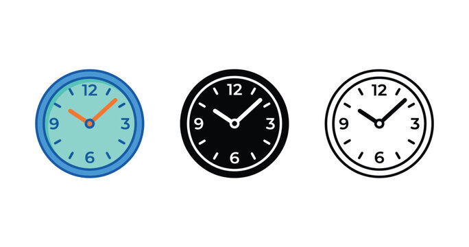 Three analog clock faces in blue, black, and white Vector, illustration