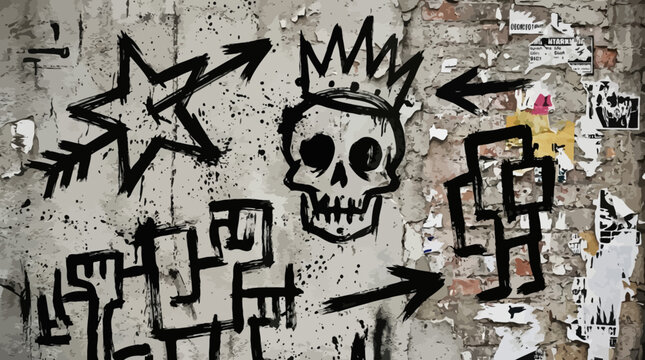 Punk and graffiti style brush drawn doodle shapes. Hand drawn bold brush star, arrow, skull and crown