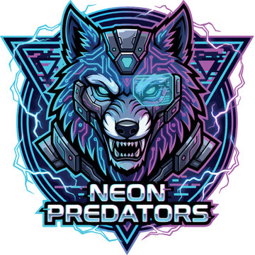 Neon Predators: Cyberpunk wolf head with futuristic glowing neon accents logo