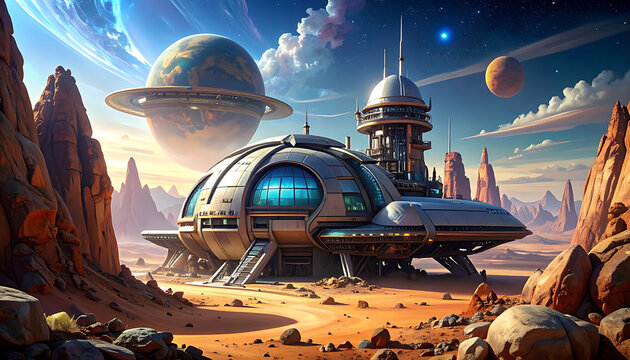 futuristic space station in desert landscape with ringed planet and alien moons in sky, science fiction settlement concept